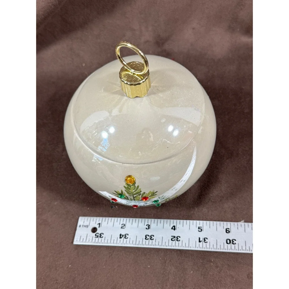 Teleflora Gift Christmas Ornament Ceramic Lidded Jar Rhinestone Tree Cream 6.5